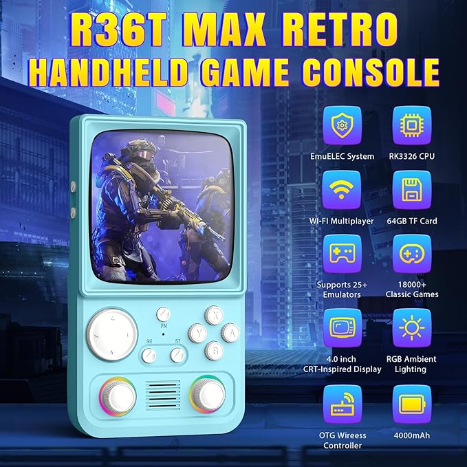 R36TMAX Upgraded Retro Handheld Game Console with 4000mAh Battery, 4.0'' IPS Screen, Retro Gaming Console with Portable Case, Supports WiFi Networked Fighting and OTG (Classic Blue)