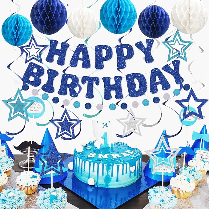 Amandir Birthday Decorations for Boys Men, Glitter Happy Birthday Banner with Honeycomb Balls, Star Hanging Swirls Streamers, Circle Dots Garland, Blue Birthday Party Decorations Supplies Girls Women