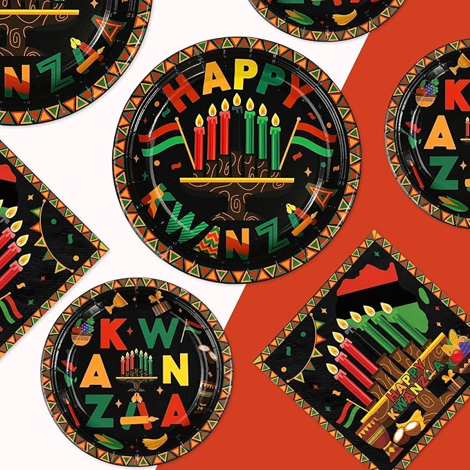 200 Pcs Kwanzaa Party Decorations Africans American Traditional Festival Paper Plates and Napkins Happy Kwanzaa Tableware Set for African Heritage Holiday Party Decorations Serves 50