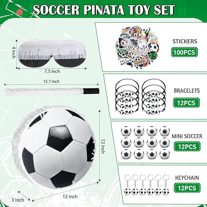 1 Ball Piñata Set with Blindfold, Baton and Paper Scrap, Stickers, Keychains, Bracelets, Mini Balls for Birthday Decoration Sport Themed Party Supplies(Soccer)