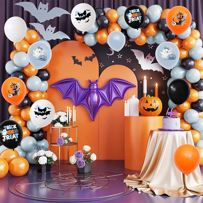Halloween Party Balloons Decorations,12 Inch Blue and Orange Balloons Set Baby Blue White Print Balloon Cute Balloon for Halloween Themed Party Supplies