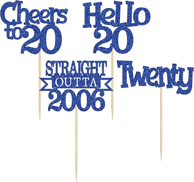 Ephlyn 24Pcs Happy 20th Birthday Cupcake Toppers Glitter Straight Outta 2006 Cupcake Picks Hello 20 Cheers to 20 Years Cake Decorations for 20th Birthday Anniversary Party Decorations Supplies Blue