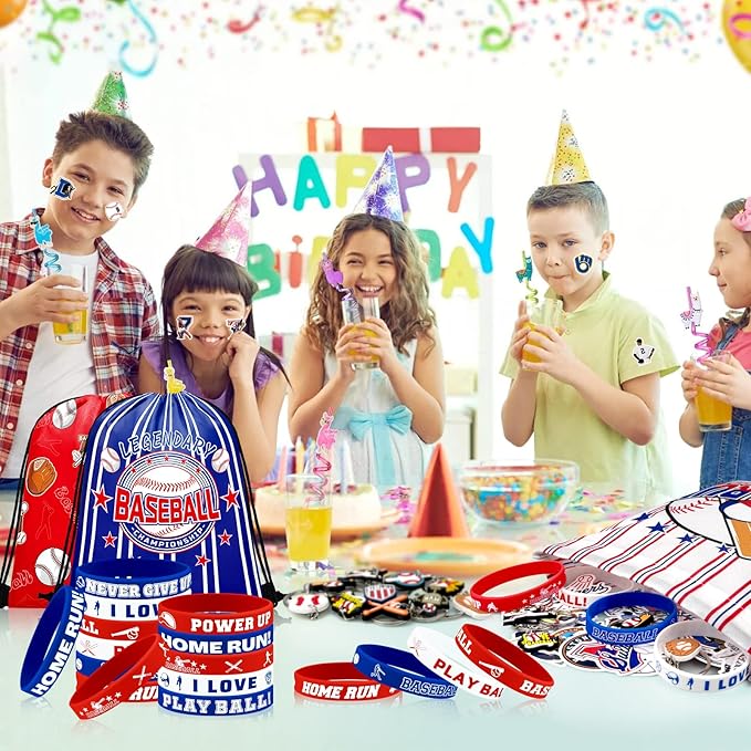 110 Pcs Baseball Party Favors, Drawstring Bags Baseball Goodie Bags with Keychains Silicone Bracelets Stickers Gift Bags for Baseball Themed Birthday Party Favors Supplies