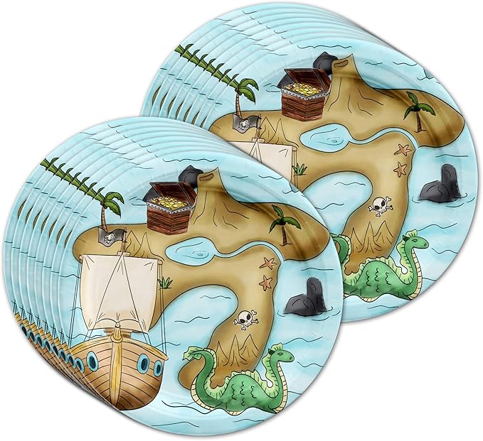 Pirate Treasure Map Birthday Party Supplies - Treasure Hunt Party Kit for 16 Includes Plates, Napkins and Cups