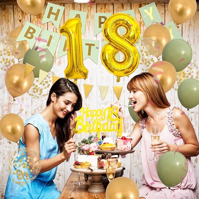 18th Birthday Decorations For Boys Girls, Sage Green Happy Birthday Party Decoration With Number 18 Balloons Gold Confetti Balloons Fringe Curtain Banner Cake Topper For 18th Party Supplies