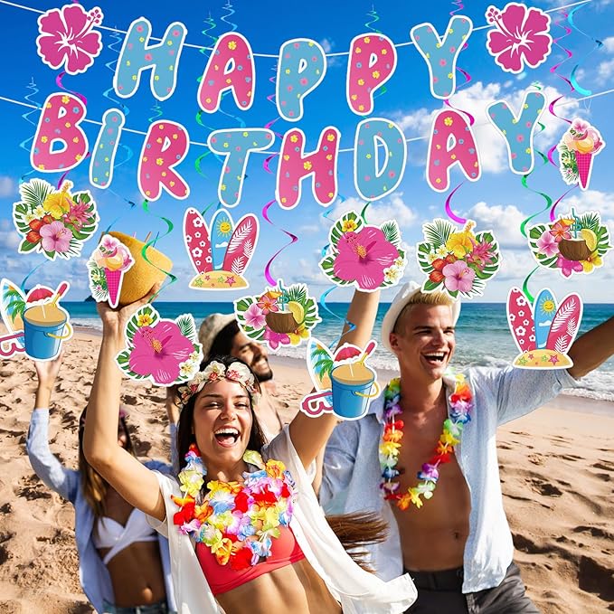 Hibiscus Birthday Party Decorations Happy Birthday Banner with Luau Hibiscus Flower Hanging Swirls Pink Blue Hawaiian Tropical Themed Party Supplies Tropical Luau Summer Decorations