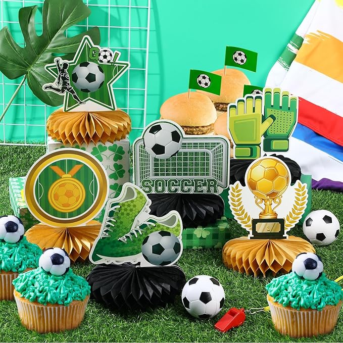 10Pcs Soccer Party Decorations, Soccer Birthday Party Decorations Soccer Ball Birthday Honeycomb Centerpiece Soccer Theme Party Decorations for Boys Kids Soccer Table Centerpiece