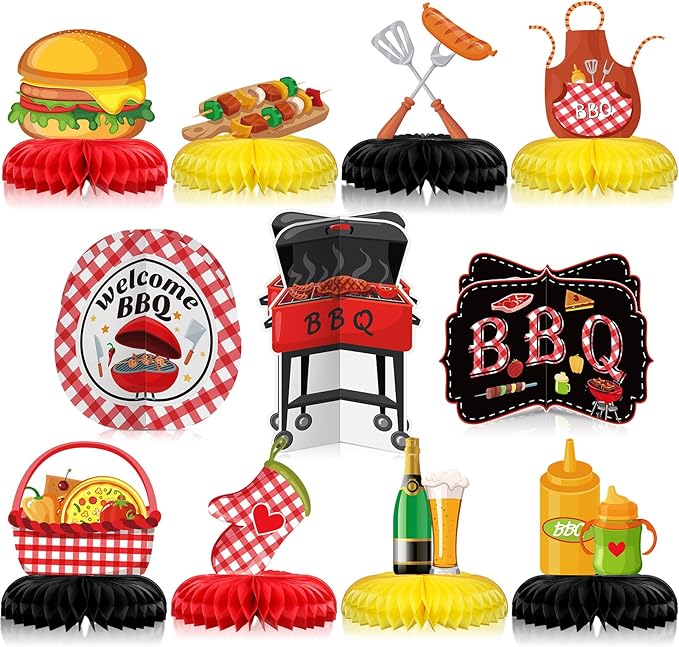 Cholemy 11 Pcs BBQ Party Decorations Honeycomb Centerpieces, Red Gingham Table Toppers for Summer Picnic, Baby Q Shower, Backyard Barbecue Birthday, Carnival Cookout Theme Supplies & Favors