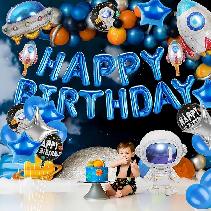 Space Birthday Decorations UFO Astronaut Rocket Balloons, Aluminium Foil Happy Birthday Banner Outer Space Themed Party Supplies for Boys Kids