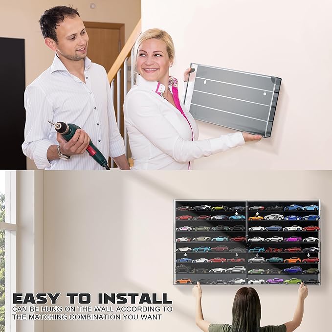 1/64 Scale Model Cars Display Case Wall-Mounted Diecast Toy Car Display Case Storage, Cabinet Lockable for 64 Mini Toys and Hot Wheels（Black, 27.5 X 15.7 X 1.8 inches）