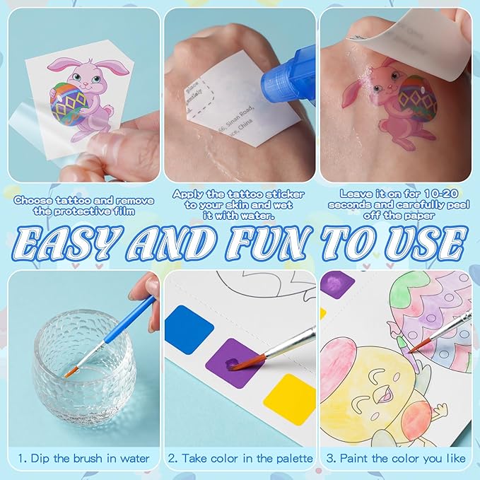 Easter Gifts for Kids, 120Pcs Water Coloring Books & 320Pcs Temporary Tattoos Bulk with Goodie Bag for Easter Basket Stuffers Party Favors Classroom Prize School Activities Crafts Party Supplies