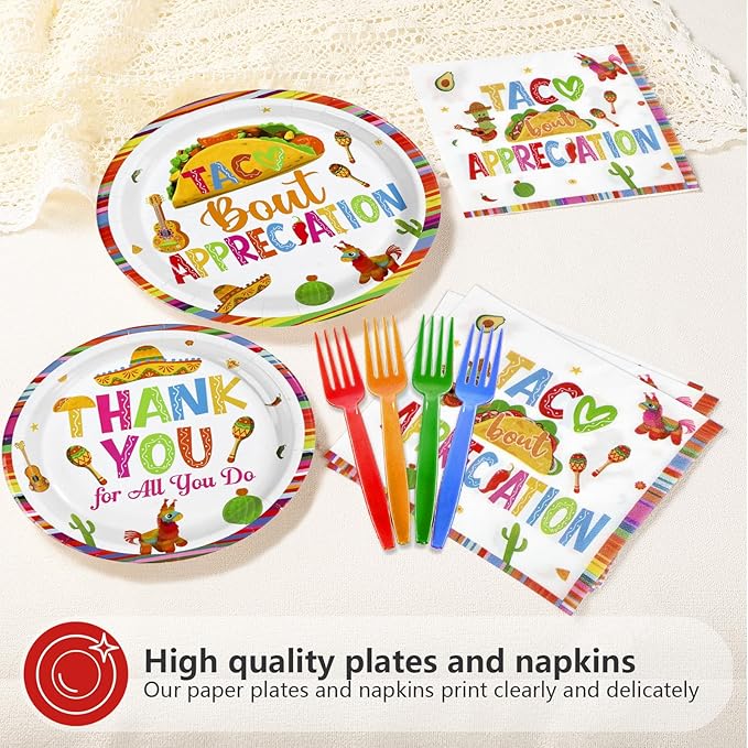 96Pcs Mexican Taco Bout Appreciation Party Decorations Thank You for All You Do Plates and Napkins Mexican Tacos Decorations for Teacher and Staff Appreciation Cinco De Mayo Party Supplies Serves 24