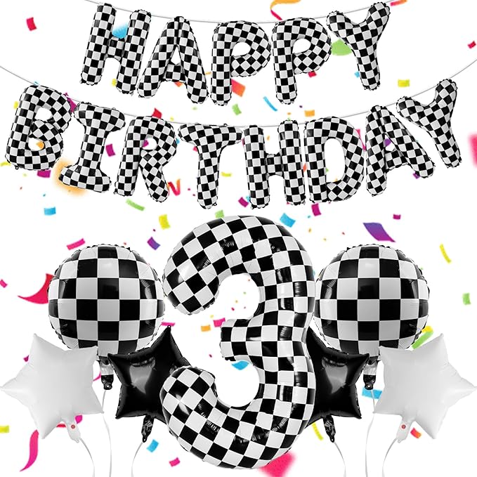 Racing Cars Themed Happy Birthday Banner Party Decorations Set Including 40 Inch Number 3 Foil Balloons, Themed Party Essentials, Checkered Backdrop Supplies for Boys Indoor Outdoor Celebration