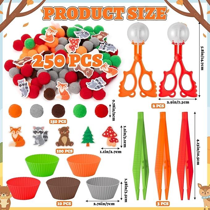 EZdhuawuse Woodland Animals Sensory Bin Fillers - 266Pcs Spring Animals Fine Motor Toys Sorting Stacking Toys for Kids, Felt Fox Bear Pom Poms Cup Clip for Preschool Education Development Activity