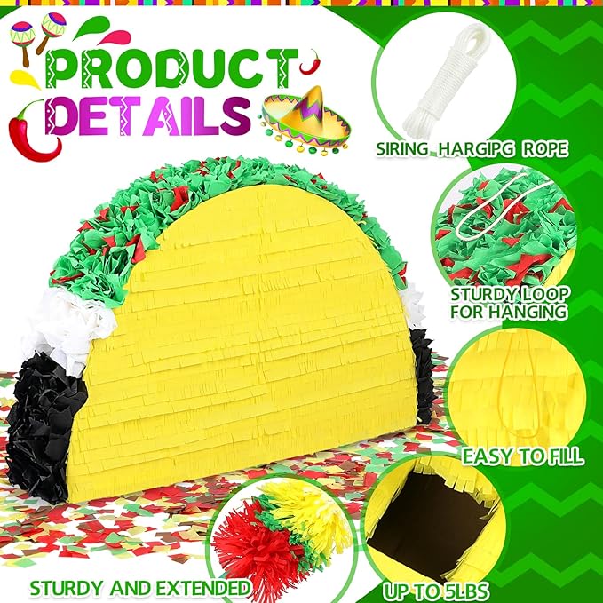 27" Taco Pinata Party Supplies - Large Paper Mache Taco Figurine for Fiesta, Cinco De Mayo, Birthday & Taco Two-Tuesday - Mexican Theme Centerpiece & Interactive Game for Candy & Fillers