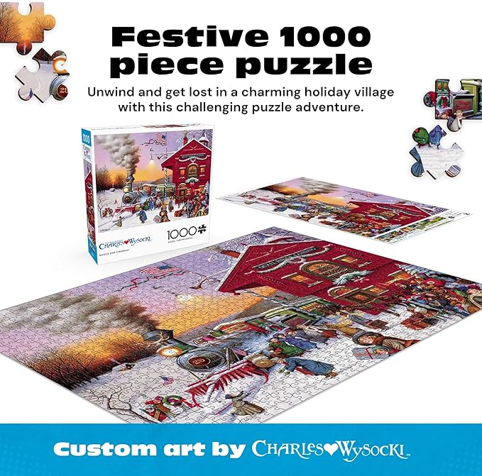 Buffalo Games – Whistle Stop Christmas Jigsaw Puzzle, 1000 Piece Puzzle for Adults, Festive Winter Train Art by Charles Wysocki