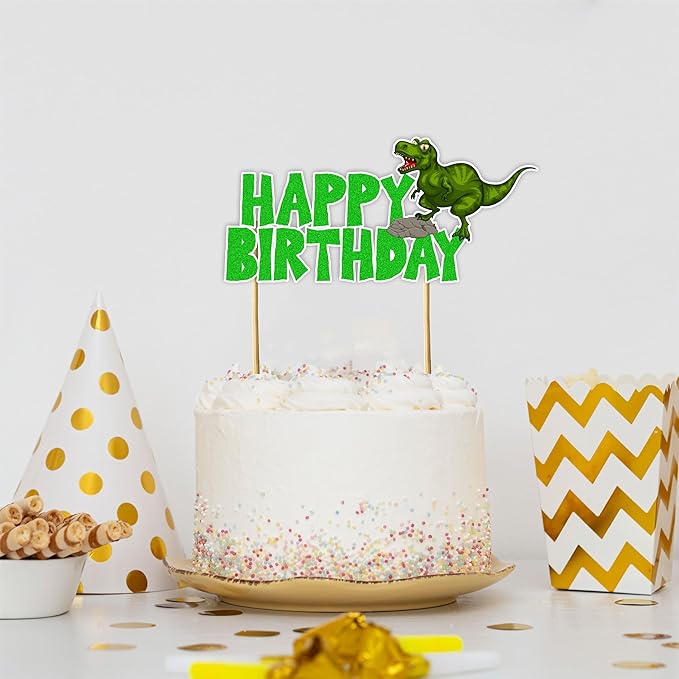 Dinosar Happy Birthday Cake Topper - Prehistoric Dinosaur Theme Design, Colorful Jurassic Style Party Cake Decoration for Birthday Celebration, Dessert Table Display, Photo Prop, Cake Centerpiece.