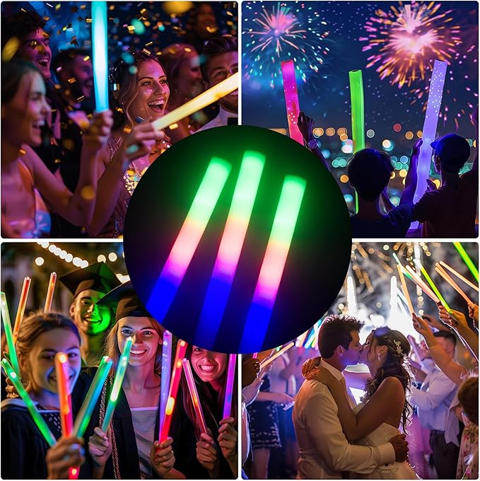 pelreame 55 Pcs LED Foam Glow Sticks Bulk,Foam Light Up Sticks 3 Modes of Color Flashing,Glow in The Dark Party Supplies for Birthday,Wedding,Raves,Carnival,New Year,Concert,Halloween Christmas