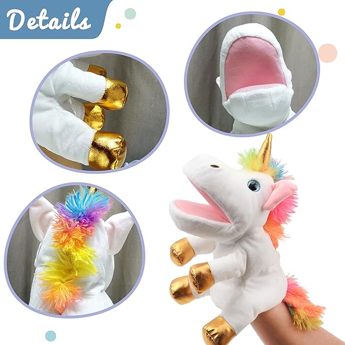 Hopearl Plush Unicorn Hand Puppet with Open Movable Mouth for Imaginative Play, Role Play, Interactive Toy for Storytelling Teaching Puppet Theater, Birthday Gifts for Kids Girls, White, 12''
