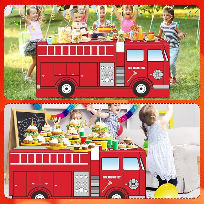 Cumule 6 Ft Fire Truck Tablecloths Fire Theme Table Cover Fire Engine Birthday Party Decorations Washable Polyester Rectangle Table Cover Decor for School Back to School Party Decorations