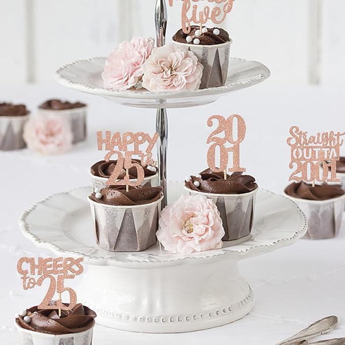 30PCS 25th Birthday Cupcake Toppers Glitter Twenty Five Happy 25 Straight Outta 2001 Cupcake Picks for Cheers to 25 Years 25th Birthday Anniversary Party Cake Decorations Supplies Rose Gold