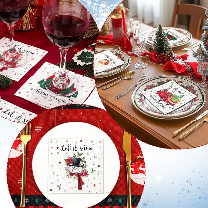 200 Pcs Christmas Cocktail Napkins, 5x5" Xmas Tree Santa Snowman Paper Napkins for Holiday, Winter & New Year Party