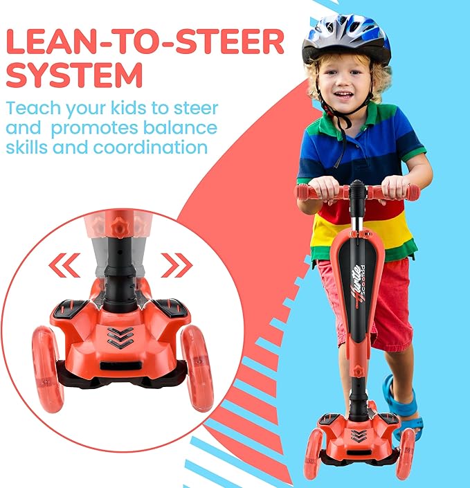 Hurtle 3-Wheeled Scooter for Kids - Wheel LED Lights, Adjustable Lean-to-Steer Handlebar, and Foldable Seat - Sit or Stand Ride with Brake for Boys and Girls Ages 1-14 Years Old