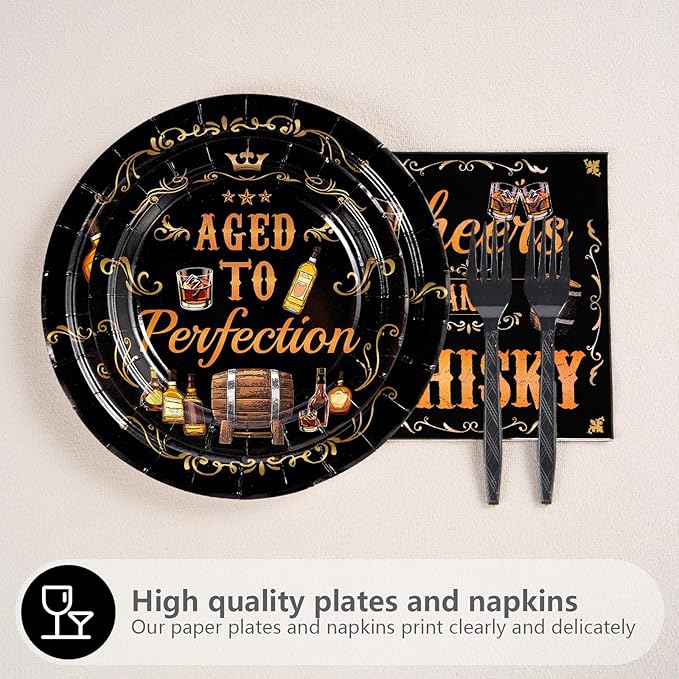 Grencian 96Pcs Whiskey Birthday Party Decorations for Men Aged to Perfection Party Supplies Plates Disposable Heavy Duty Whiskey Birthday Tableware Set for Beer Theme Parties Supplies Serves 24