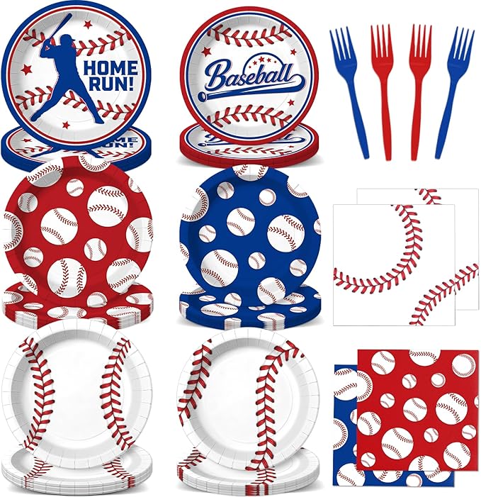 96 Pcs Baseball Plates and Napkins Tableware Set (Serve 24), Baseball Birthday Party Decorations, Party Supplies Include Plates Napkins Plastic Forks for Party