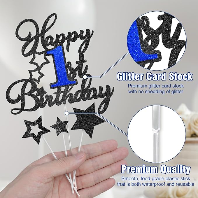 Happy 1st Birthday Cake Topper, One Cake Topper 1st Birthday Boy, Black Blue Glitter Cake Decoration, First Birthday Cake Topper, 1 Years Old Baby Birthday Party Cake Decor Supplies
