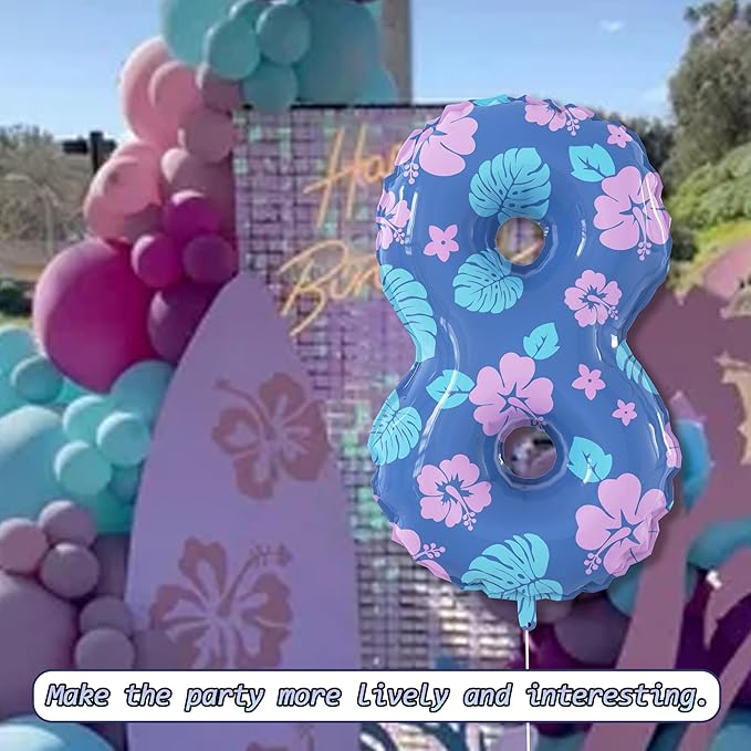 40 Inch Number 8 Balloon Leaf and Flower Birthday，8th Birthday Decorations for Kids' Parties Hawaii Party Supplies Favor Pink and Blue