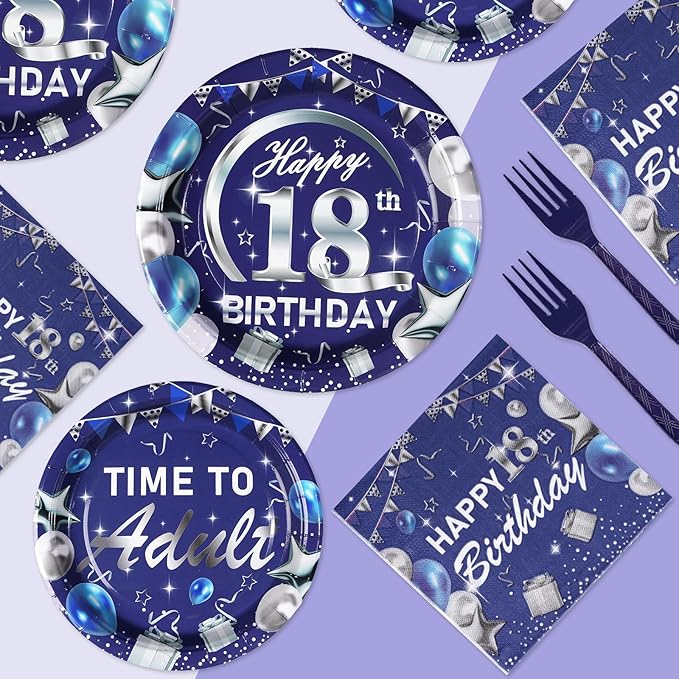 Grencian 96Pcs 18th Birthday Party Decorations Blue and Silver 18th Birthday Plates and Napkins Disposable Paper Tableware Set for Teens Boys Girls 18 Years Old Party Supplies, Serves 24