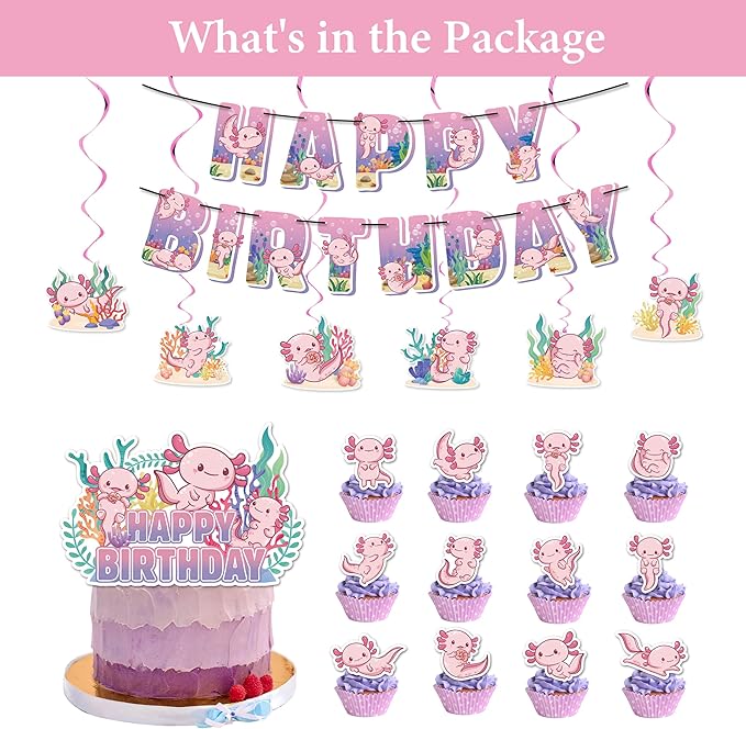 Cute axolotl Themed Birthday Party Decorations Supplies Set — Banner Hanging Spirals Backdrop Honeycombs Cupcake Toppers Stickers — Pink & Aqua Party Supplies