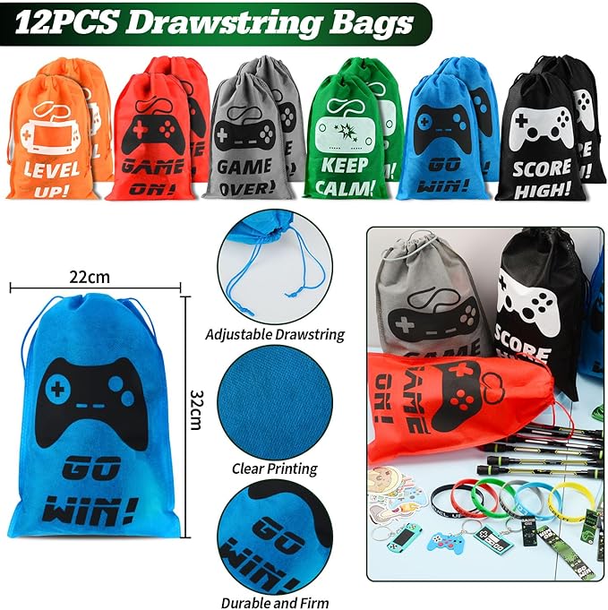 KISPATTI Video Game Party Favors, 124 PCS Gaming Birthday Party Supplies with Drawstring Bags VIP Pass Tickets Keychain Temporary Tattoo Stickers Game Theme Goodie Bag for Kids Gamer