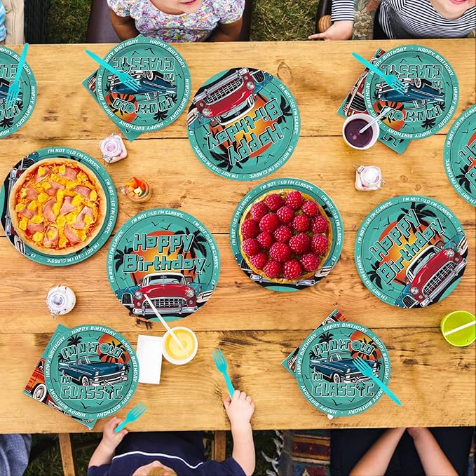 96Pcs Classic Car Birthday Decorations Red Blue Green Vintage Car Plates and Napkins I am Not Old I am Classic Decorations Favors for Men Birthday Retro Cars Theme Party Supplies Serves 24