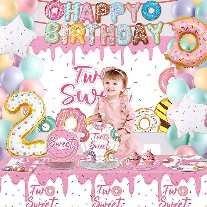 ZOiiWA 143Pcs Two Sweet Birthday Party Decorations Girls Donut tableware Set Sweet Donut 2nd Party Plates Napkins Backdrop Tablecloth Banner Balloons for Baby Girls 2 Years Old Birthday Party Supplies