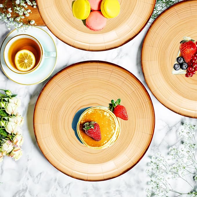 80Pcs Rustic Wood Grain Party Set - 7" Paper Plates, Wood Slice Napkins for Camp Fire, Camping, Baby Shower, Lumberjack Birthday Party Decorations - Serves 40