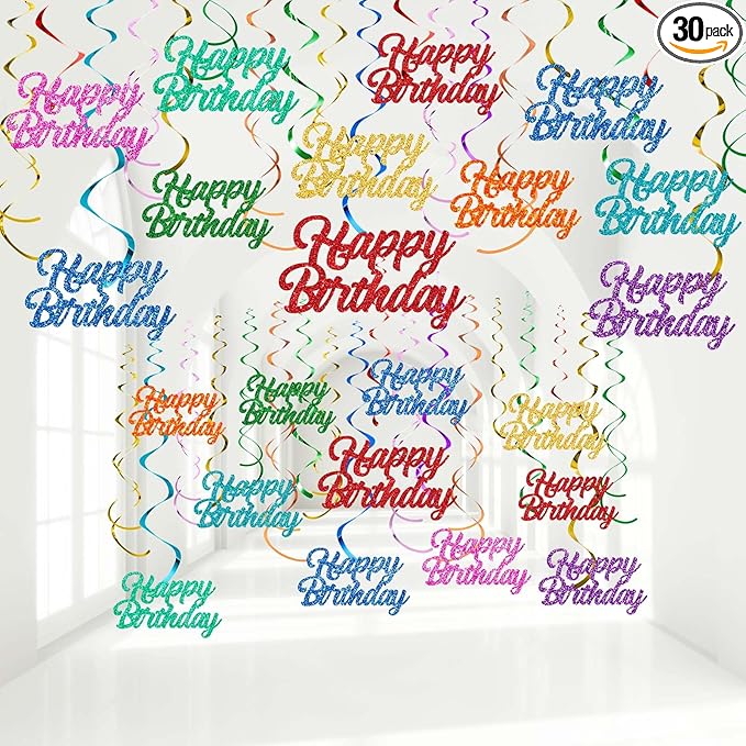 Faccito 30 Pcs Happy Birthday Hanging Swirl Decorations Happy Birthday Glitter Hanging Ornaments for Party Supplies Decor