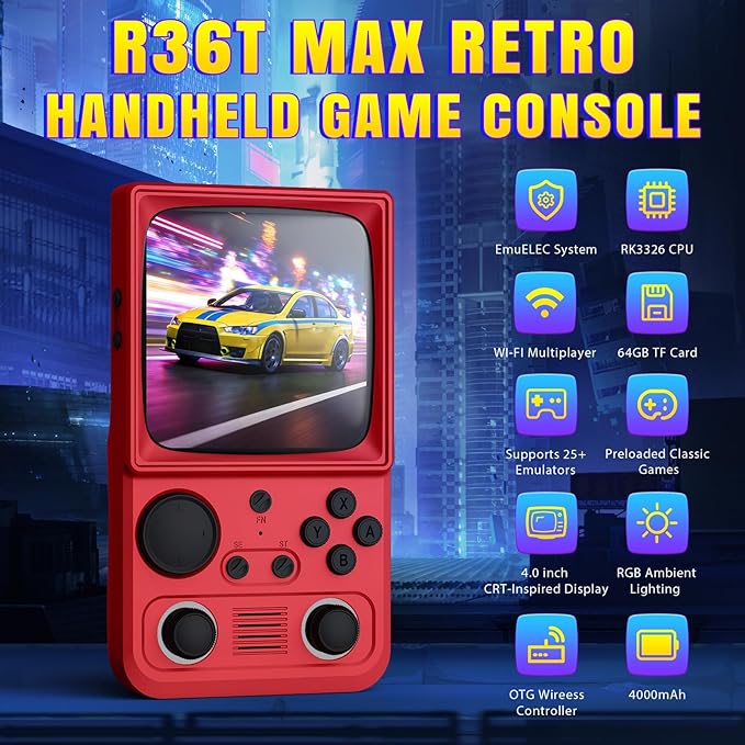 R36TMAX Upgraded Retro Handheld Game Console with 4000mAh Battery, 4.0'' IPS Screen, Retro Gaming Console with Portable Case, Supports WiFi Networked Fighting and OTG (128GB Red)