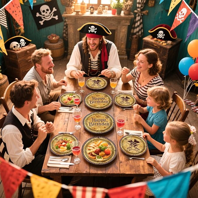 Grencian 96Pcs Pirate Birthday Decorations Vintage Pirate Party Plates and Napkins Disposable Paper Tableware Set for Baby Shower Men Treasure Map Theme Birthday Party Supplies, Serves 24
