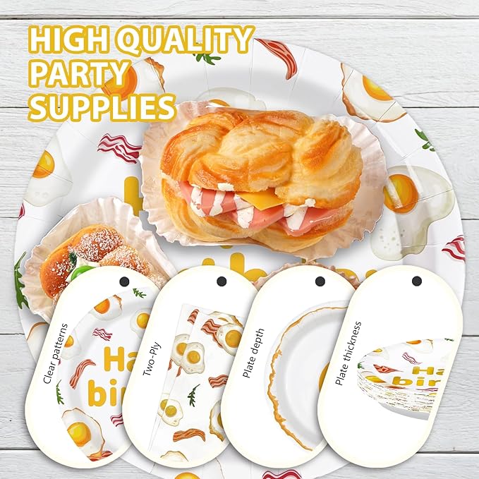 96Pcs Breakfast Birthday Decorations Bacon Fried Egg Plates and Napkins Xmas Brunch Theme Birthday Decoration Favors for Kids Adults Bday Baby Shower BBQ Picnic Holiday Party Supplies Serves 24