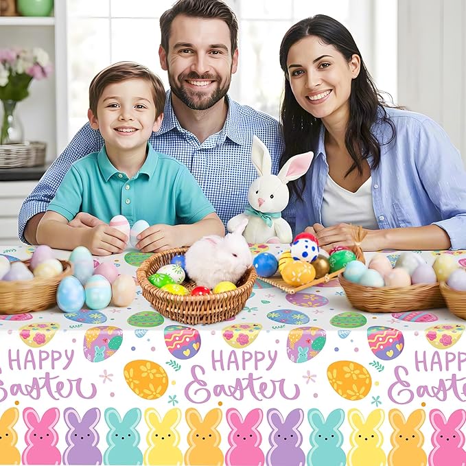 2 Pcs Happy Easter Table Cloth - Plastic Bunny Eggs Tablecloth, Disposable Rectangle Spring Floral Table Cover for Easter Home Dining Kitchen Activity Party Decorations Tables Decor, 108 x 54 Inch