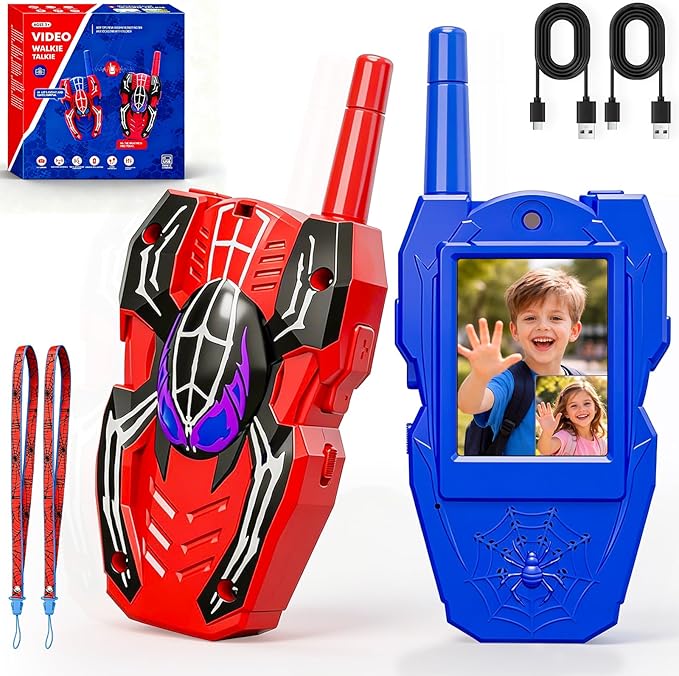 Video Walkie Talkies for Kids, 2 Pack Rechargeable Kids Walkie Talkies with Screen & 5 Voice Changer, Long Range Indoor Outdoor Toys for 3-12 Year Old Boys Girls, Easter Birthday Gifts, Spider