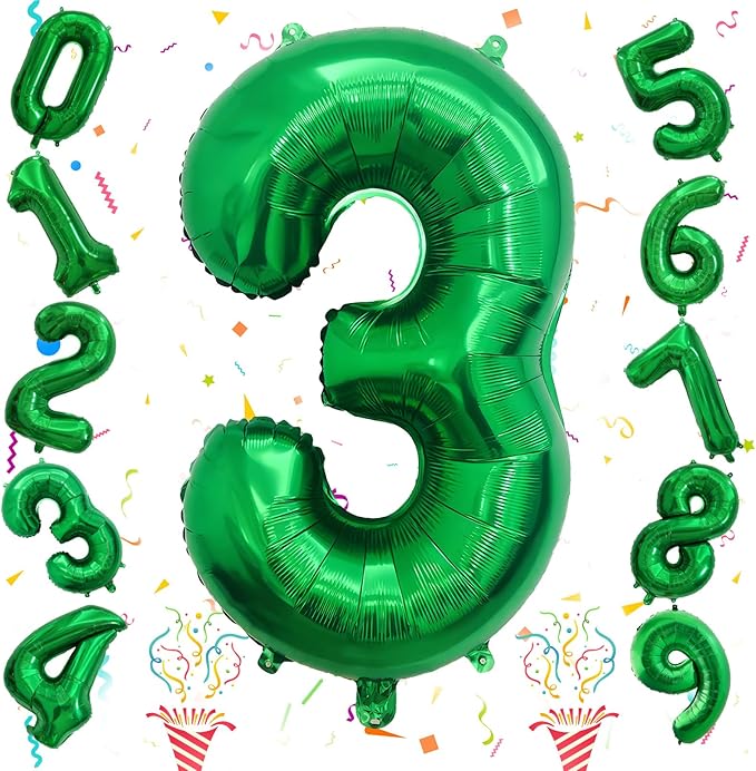 3rd Birthday Number Balloons for Kids, 40 Inch Emerald Green Foil Number, Dark Green Large Number Balloons 0-9 Set for Boys Men Birthday Party Decor Jungle Anniversary Decoration Supplies