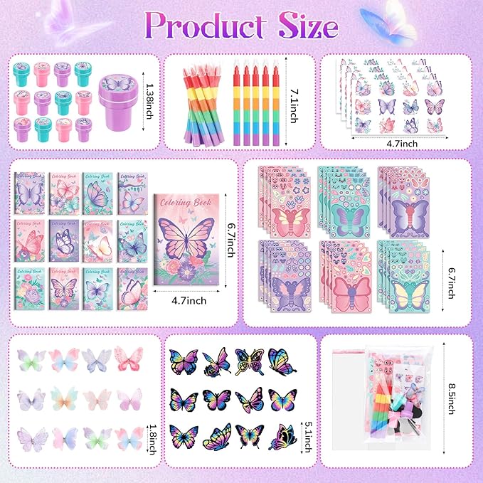 BenLouis 96Pcs Butterfly Party Favors Butterfly Fairy Coloring Books Crayon Stickers Set Bulk for Kids Butterfly Birthday Decor Spring Flower Tea Goodie Bag Stuffers Classroom Gifts Pinata Filler