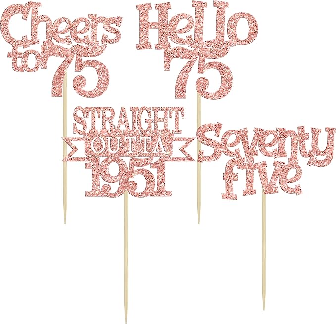 Ephlyn 24Pcs 75th Birthday Cupcake Toppers Glitter Straight Outta 1951 Cupcake Picks Hello 75 Cheers to 75 Years Cake Decorations for 75th Birthday Anniversary Party Decorations Supplies Rose Gold