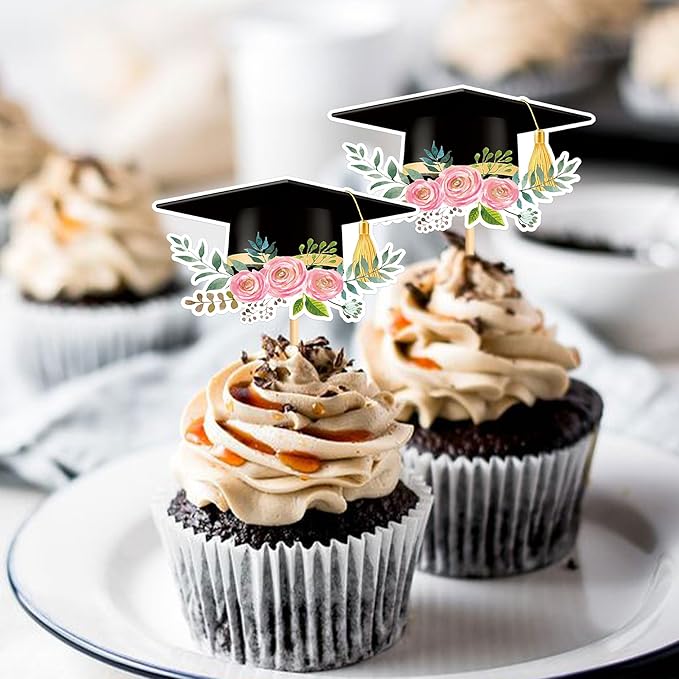Cyodoos24 PCS Graduation Theme Cupcake Toppers Flower Graduate Cupcake Picks Students Graduation Theme Party Cake Decorations Supplies