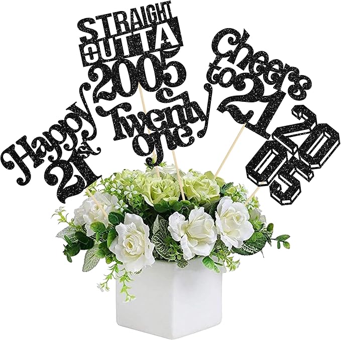 Gyufise 15Pcs Happy 21st Birthday Centerpiece Sticks Twenty One Straight Outta 2005 Table Flower Centerpieces Sticks for Cheers to 21st Birthday Party Supplies Black