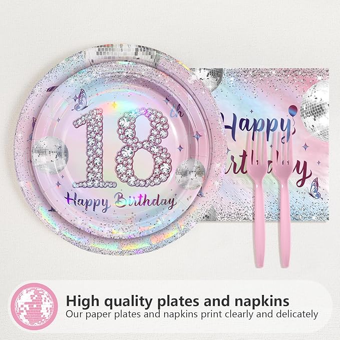 96Pcs 18th Birthday Party Decorations for Girls Time to Adult Plates and Napkins Iridescence Silver Pink 18th Tableware for Girls Time to Adult Eighteen Birthday Party Decorations Serve 24