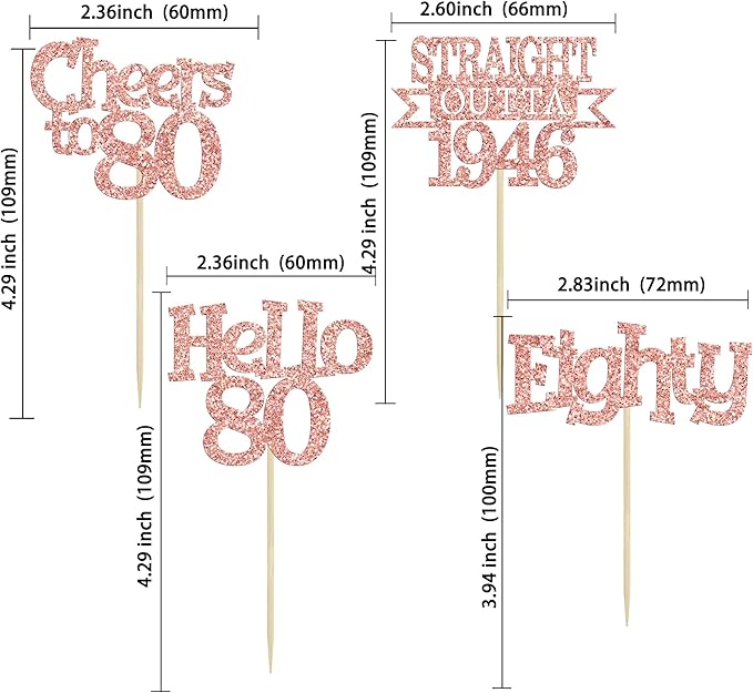 Ephlyn 24Pcs Happy 80th Birthday Cupcake Toppers Glitter Straight Outta 1946 Cupcake Picks Hello 80 Cheers to 80 Years Birthday Cake Decorations for 80th Birthday Anniversary Party Supplies Rose Gold